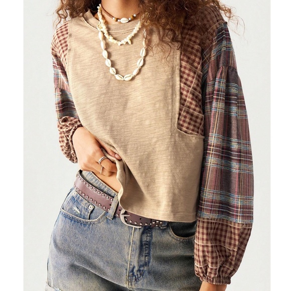 Cozy Plaid Print color Block Oversized Top - Picture 4 of 8